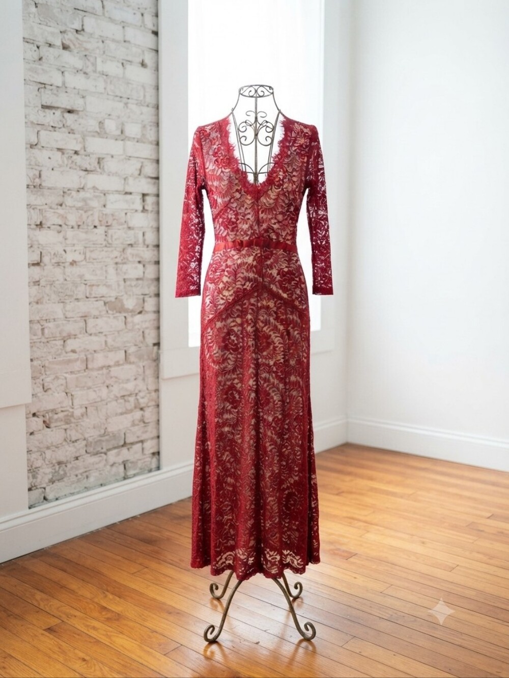 Red Lace Long Sleeve Maxi Dress with Deep V-Neck
